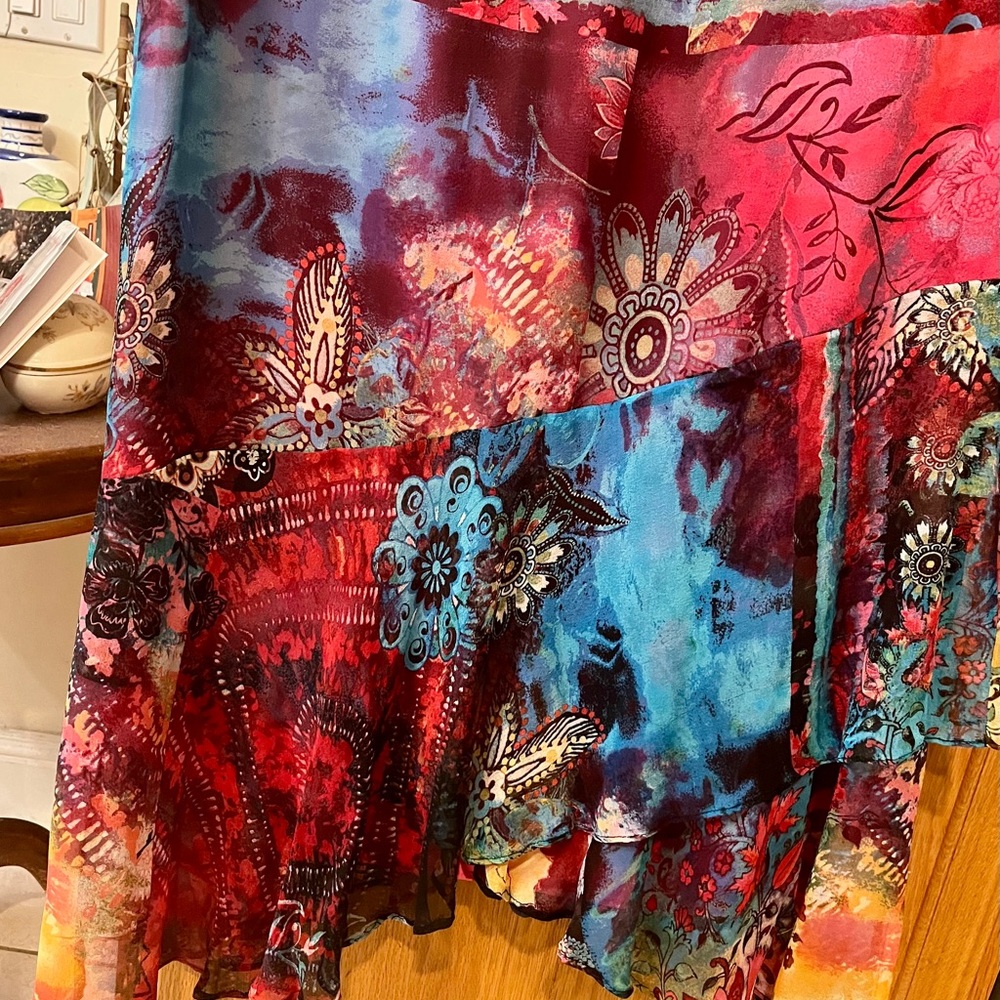 Chico's Asymmetrical Floral Skirt - Red and Blue vintage, silk, size 1, ethereal - Picture 2 of 11